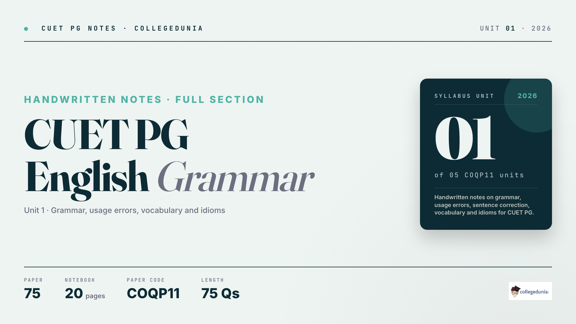 CUET PG General Paper English Grammar and Vocabulary Handwritten Notes