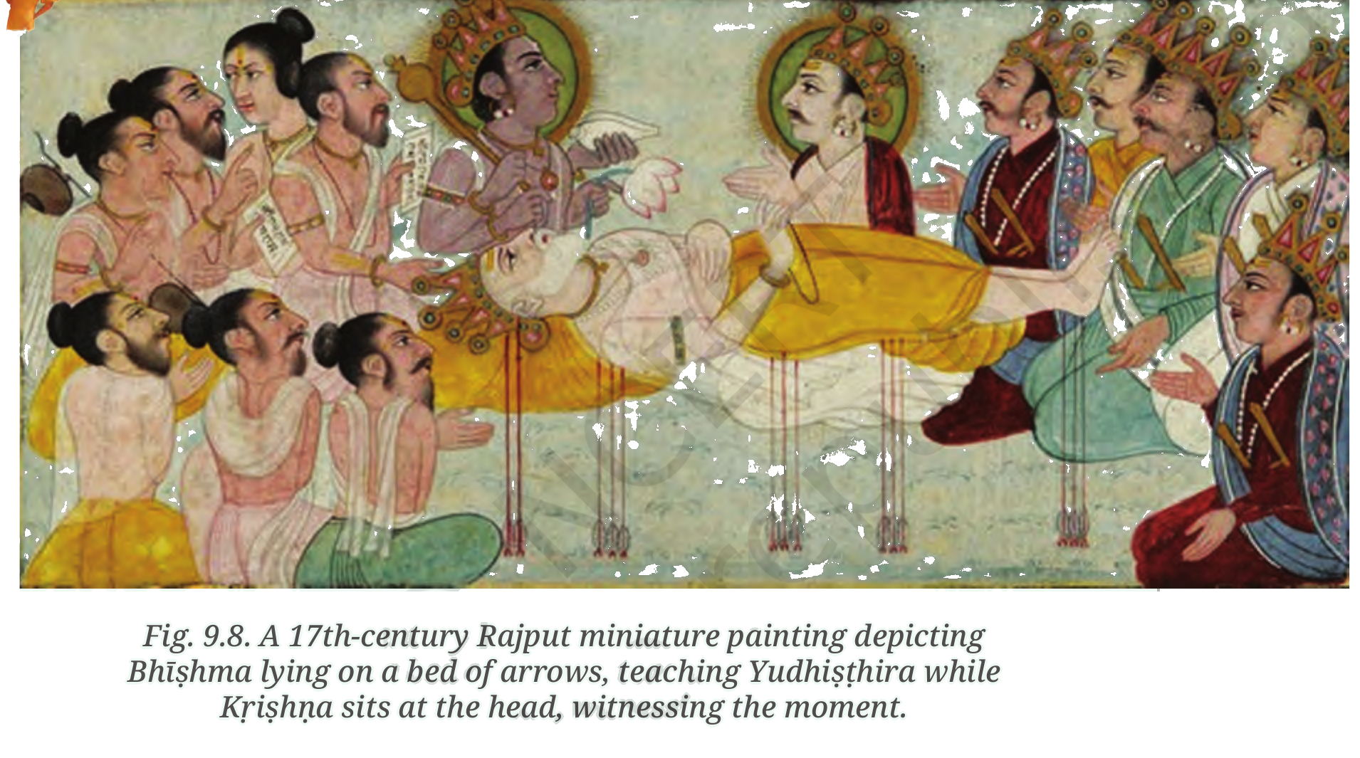 Fig.&nbsp;9.8, NCERT Exploring Society: India
and Beyond Class 7 Part 1, Chapter 9, From the Rulers to the Ruled.
This 17th-century Rajput miniature painting shows Bhishma teaching
Yudhishthira the moral duties of a raja, an example of Practice III's
inherited kingship bound by dharma rather than by a constitution.