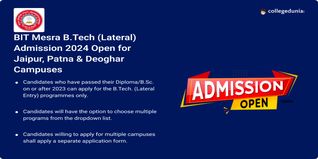 BIT Mesra B.Tech (Lateral) Admission 2024 Open for Jaipur, Patna & Deoghar Campuses, Check Direct Link