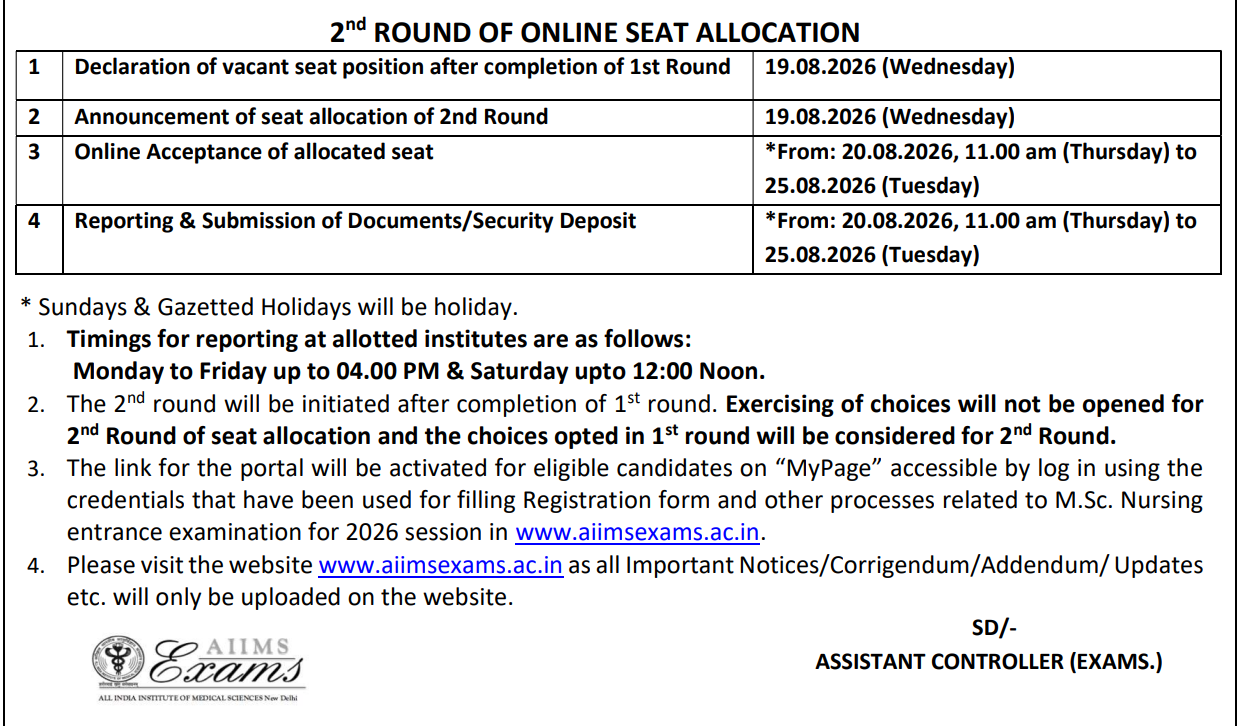 AIIMS MSc Nursing 2026 Round 2 Important Dates