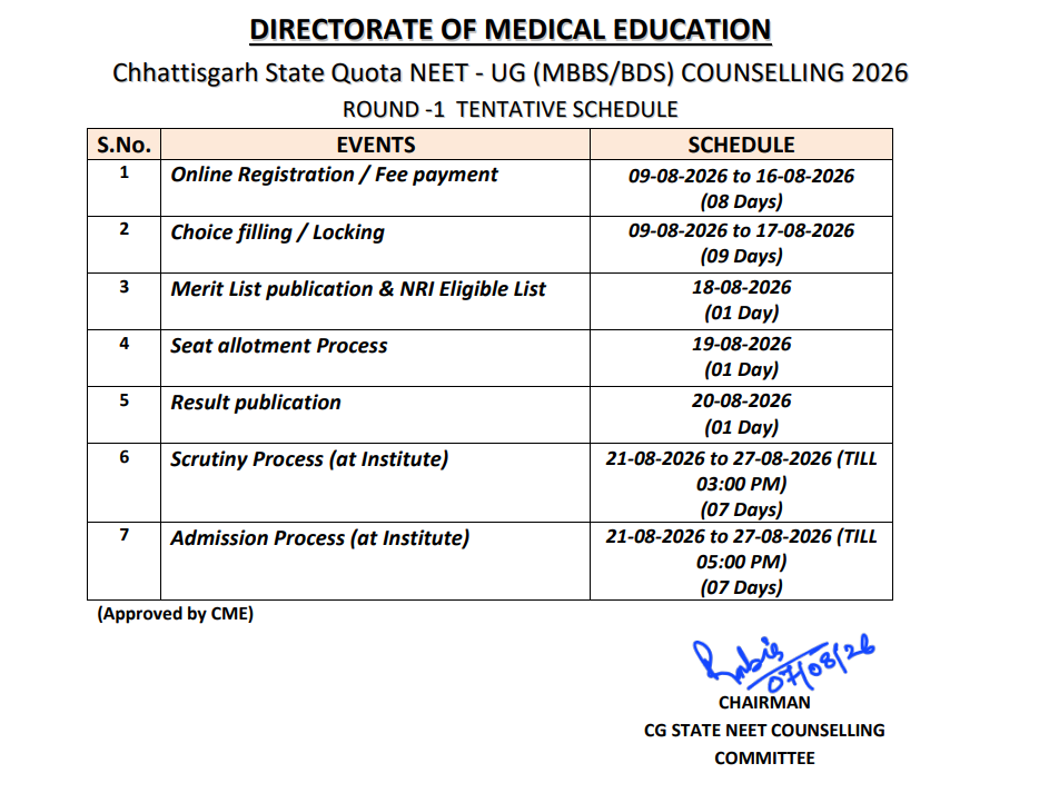 Chhattisgarh NEET UG 2026 Round 1 Important Dates
