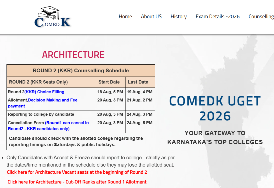 COMEDK BArch Round 2 KKR Schedule