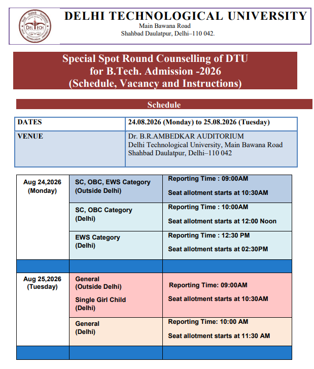 DTU BTech Special Spot Round 2026 Important Dates