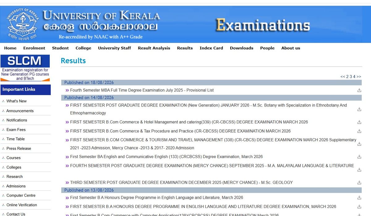kerala University result page 