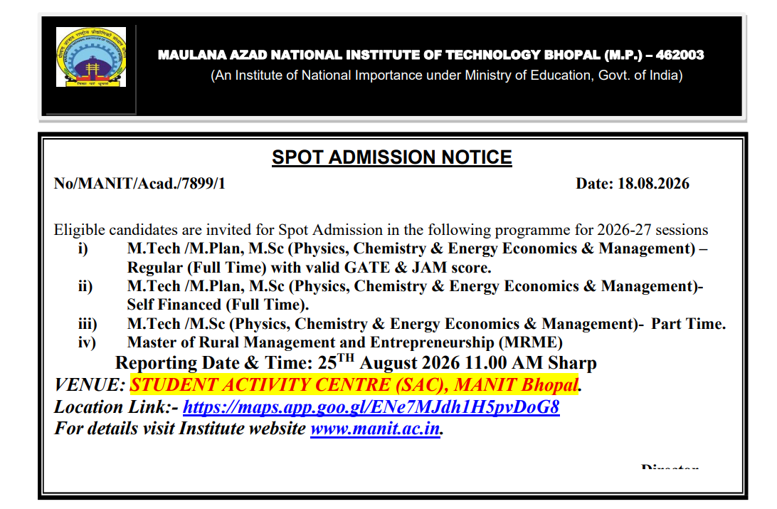 MANIT Bhopal PG Spot Round 2026-27 Key Details