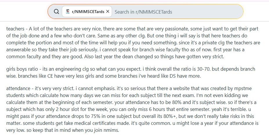MPSTME Reddit review related to admission and academics