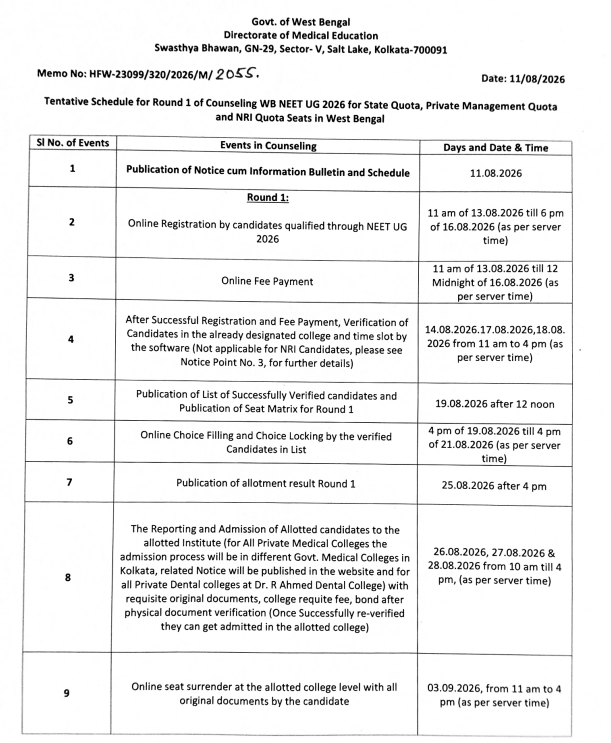 WB NEET UG 2026 Round 1